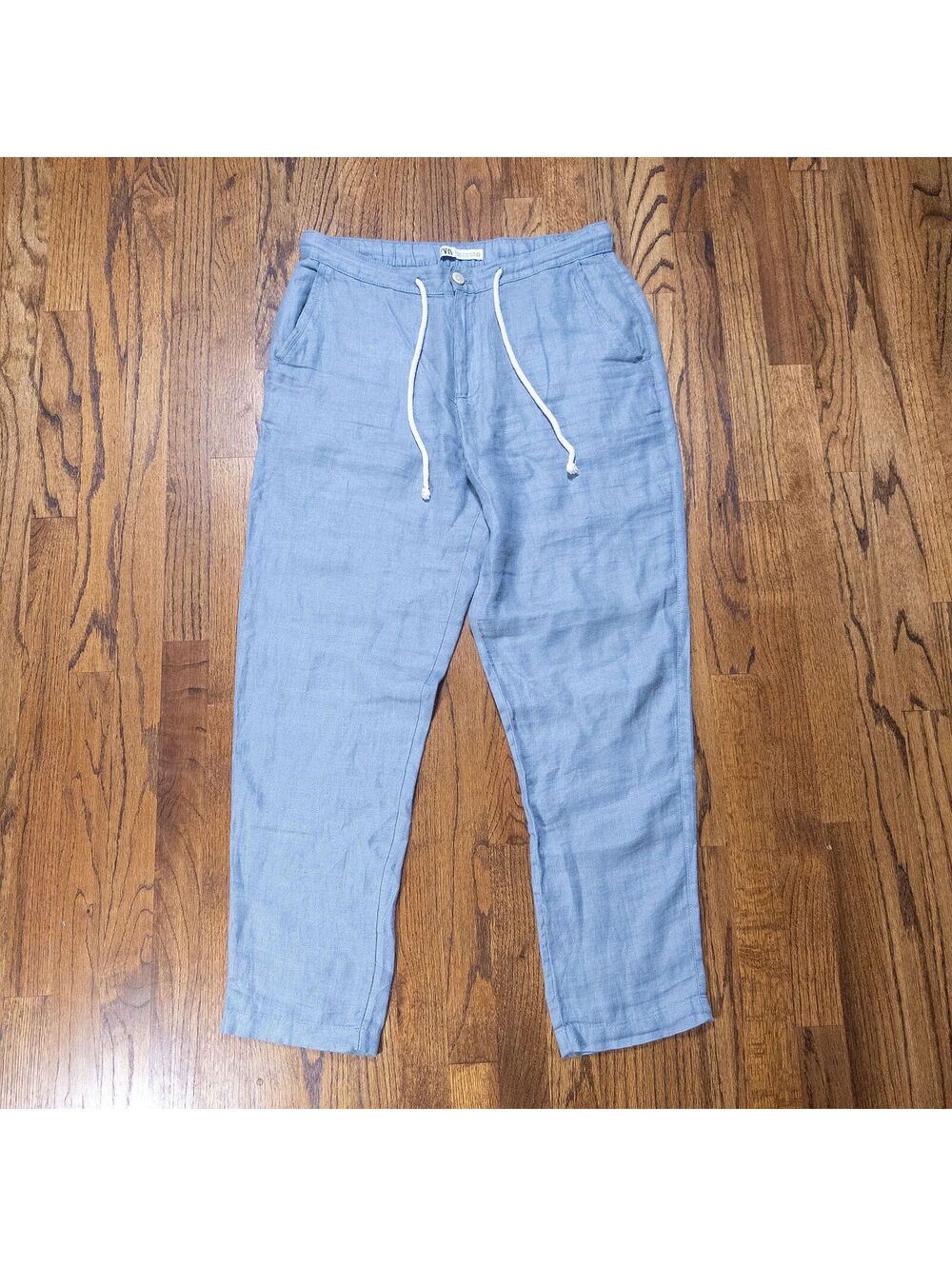 Zara Linen Drawstring Trousers Light Blue • Medium/32